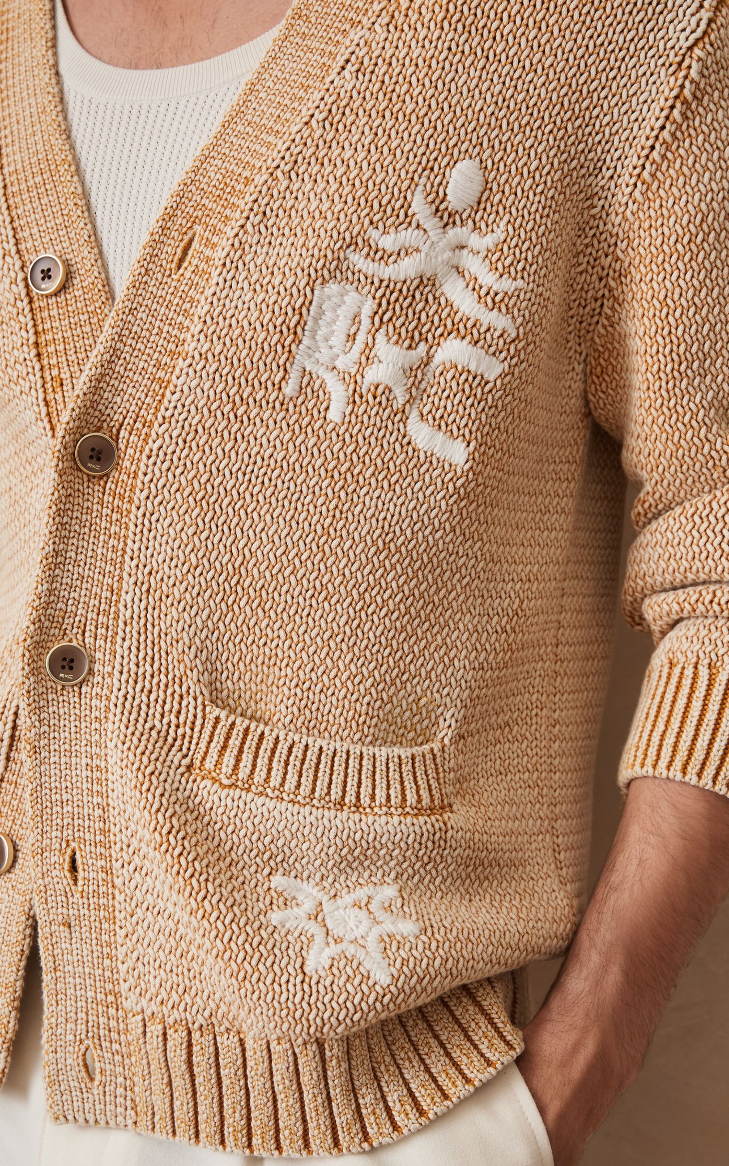 Che Motif-Embroidered Cardigan in Camel