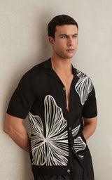 Flower Embroidered Knit Shirt in Black