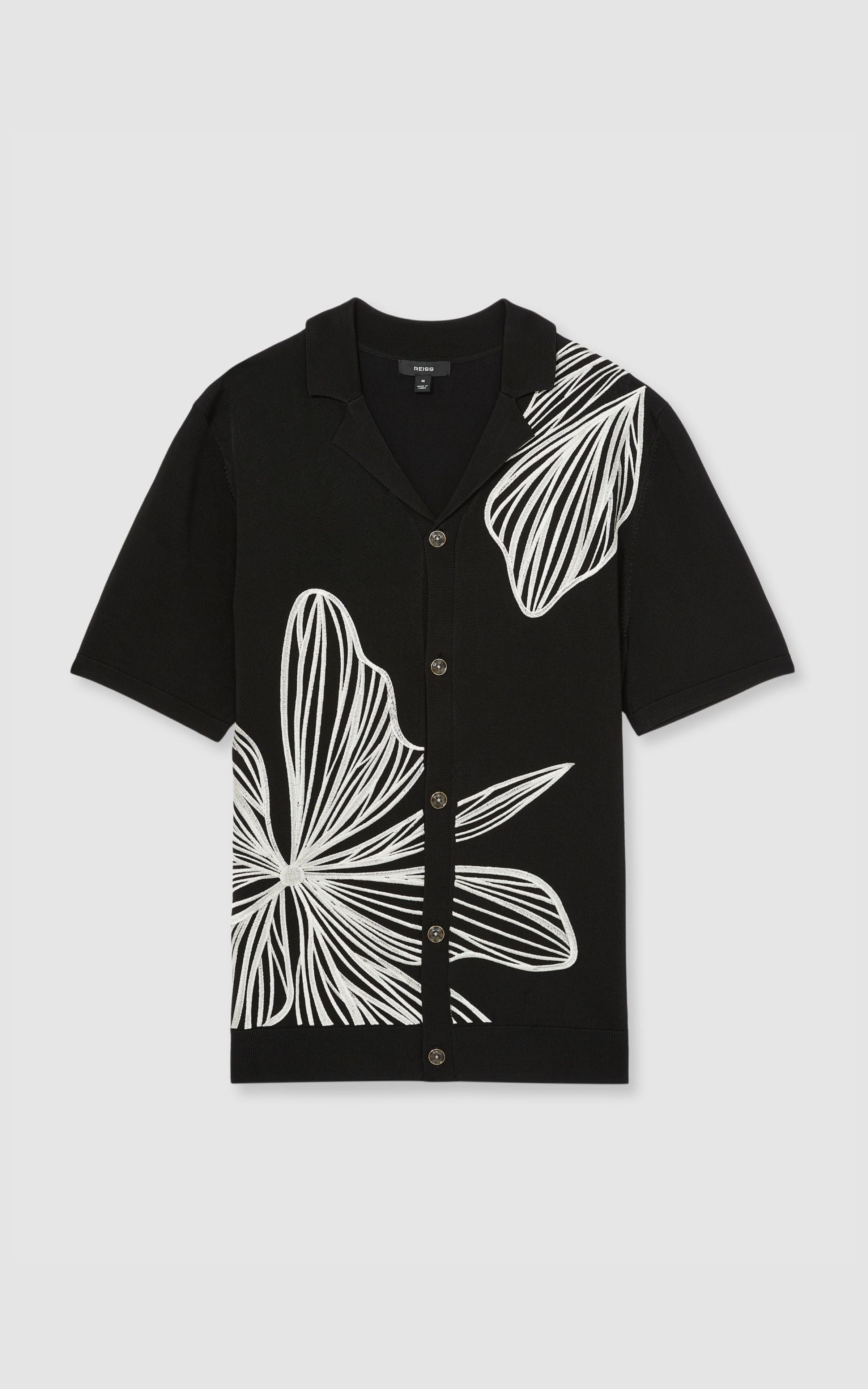 Flower Embroidered Knit Shirt in Black