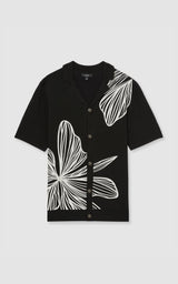 Flower Embroidered Knit Shirt in Black