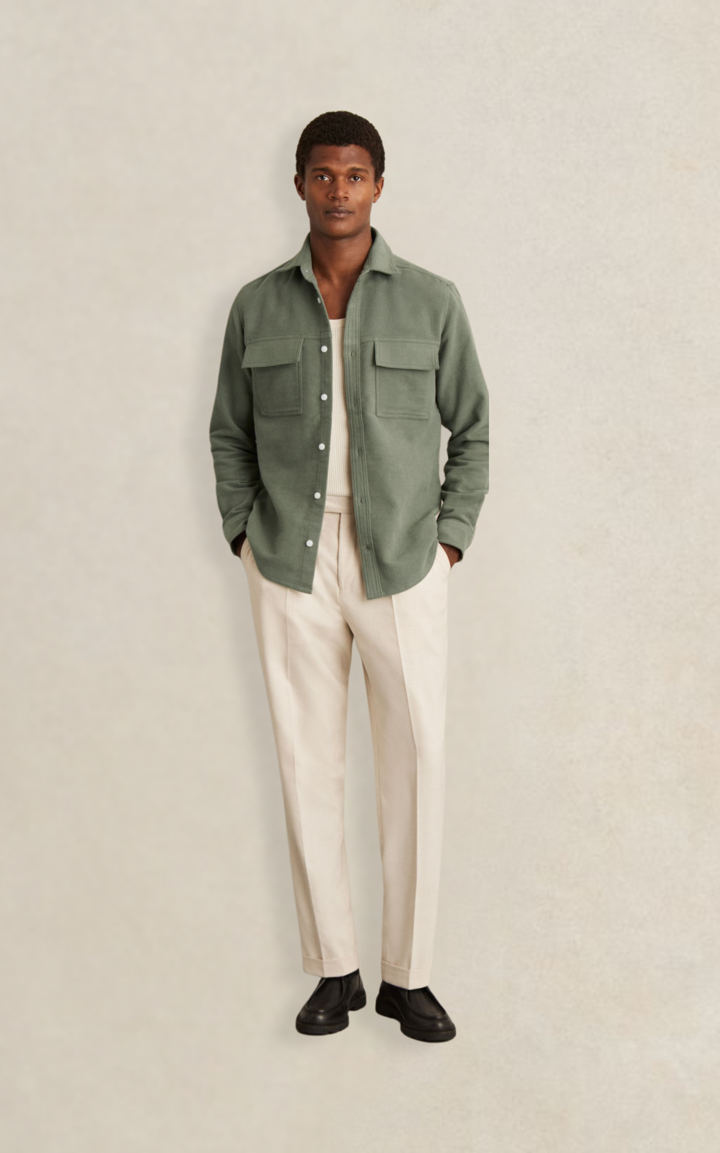 Moleskin-Cotton Twin-Pocket Overshirt in Green